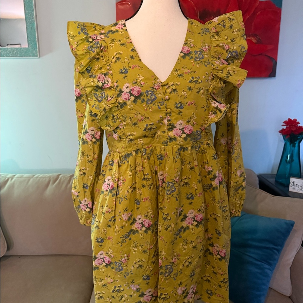Hyacinth House Dress Womens S Small Green Floral Ruffle Reese Tuckernuck Cotton - Picture 3 of 11